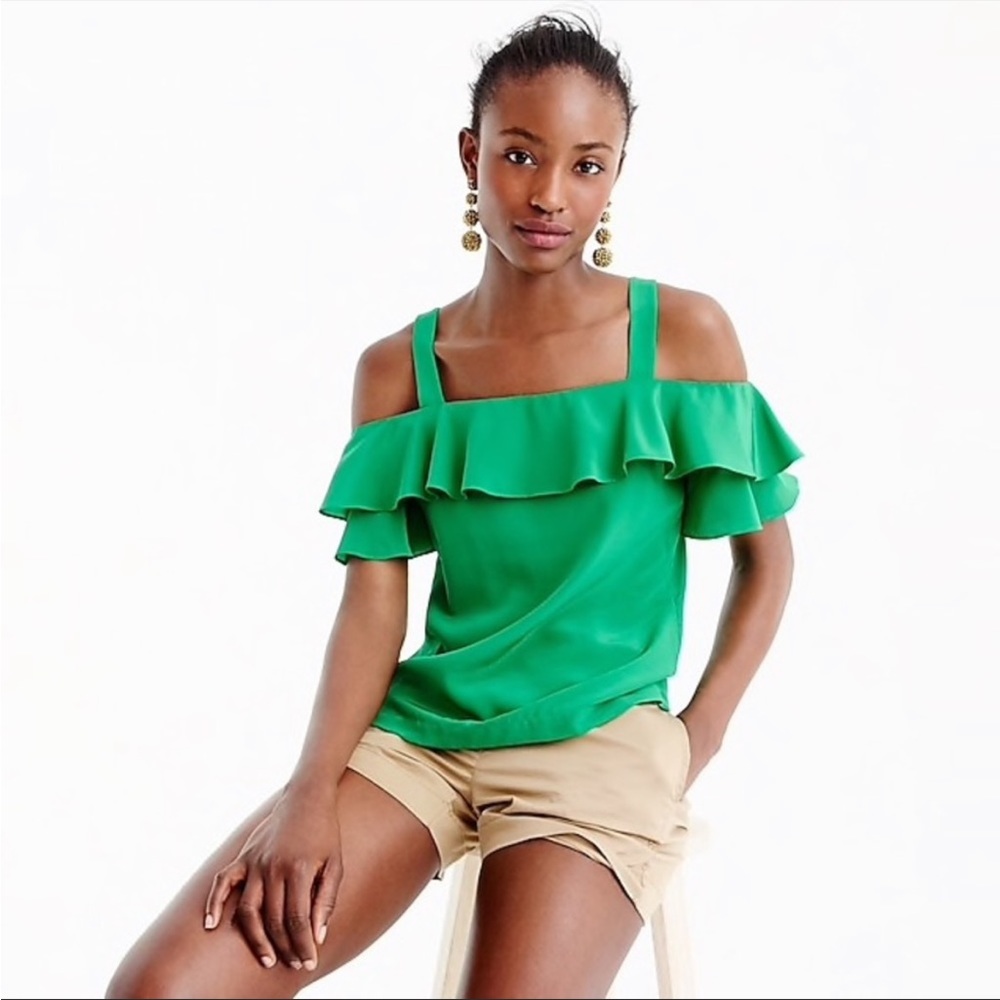 J. Crew Silk Cold Shoulder Green
Ruffle Top. Size 6